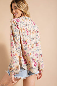 Cream Multi Texture Rayon Challe Printed Button Down Cute Top