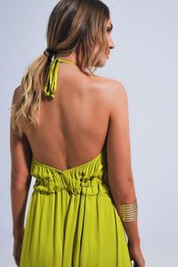 Green Satin Midi Slip Dress In Bright Lime