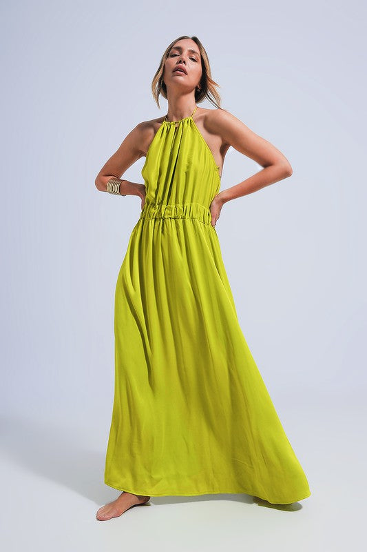 Green Satin Midi Slip Dress In Bright Lime