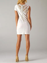 Floral Crochet Neckline Asymmetrical Sleeve Cocktail Dress