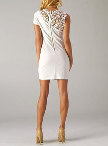 Floral Crochet Neckline Asymmetrical Sleeve Cocktail Dress