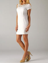 Floral Crochet Neckline Asymmetrical Sleeve Cocktail Dress