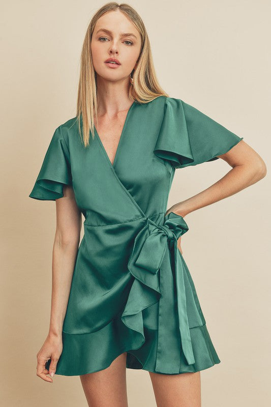 Emerald Green Flutter Sleeve Mini Wrap Dress