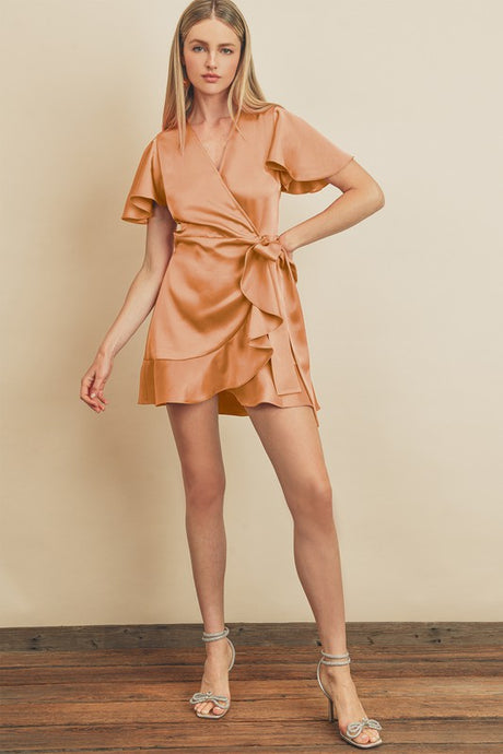 Vintage Apricot Flutter Sleeve Mini Wrap Dress