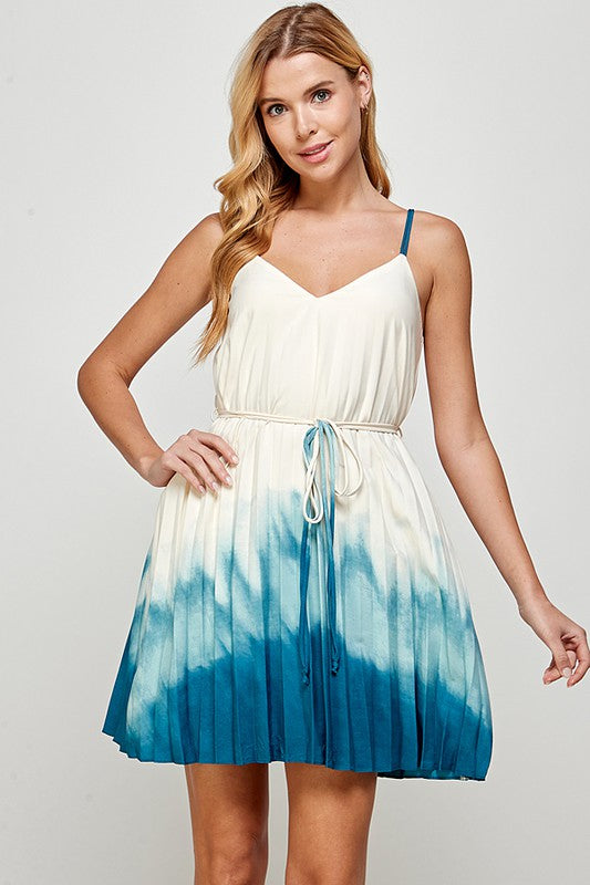 White/Blue Ombre Printed Pleated Dress With Waist Tie