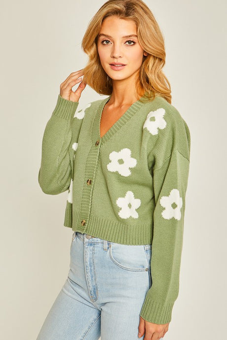Green Floral Print Cardigan