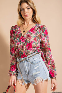 Magenta Multi Soft Woven Fabric Gorgerous Printed Body Suit