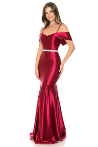 Burgundy Off Shoulder Godet Embellished Casino Formal Dress