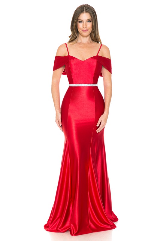 Red Off Shoulder Godet Embellished Casino Formal Dress