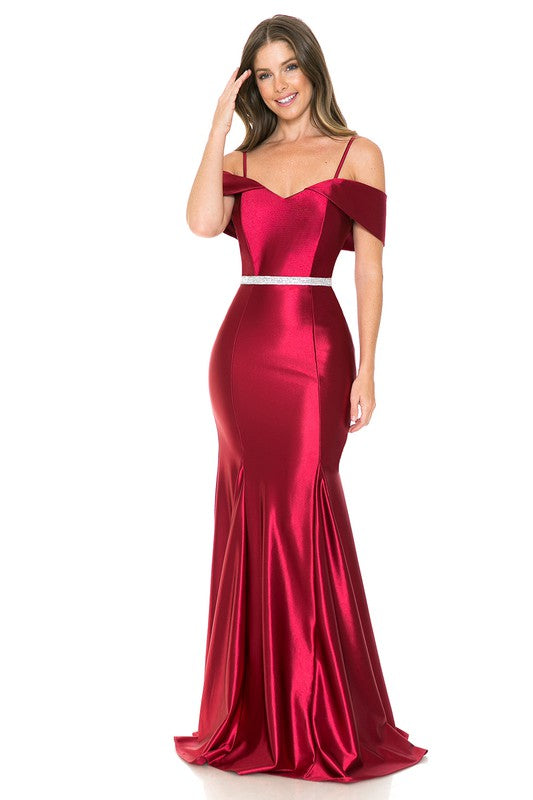 Burgundy Off Shoulder Godet Embellished Casino Formal Dress