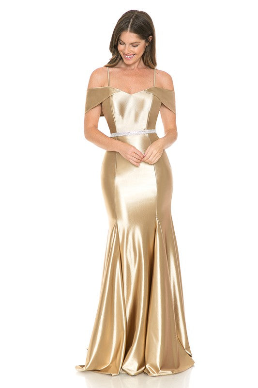Gold Off Shoulder Godet Embellished Casino Formal Dress – Aquarius Brand