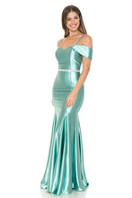 Light Green Off Shoulder Godet Embellished Casino Formal Dress