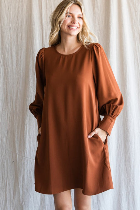 Brown Solid Long Puffed Bishop Sleeves Dress
