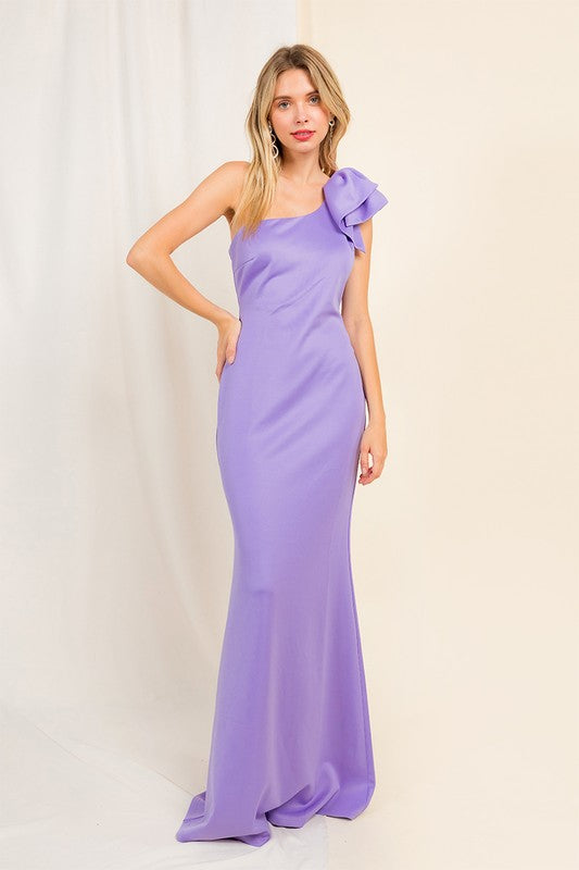 Light Purple Ruffle Detailed One Shoulder Mermaid Maxi Dress