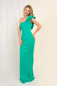 Green Ruffle Detailed One Shoulder Mermaid Maxi Dress