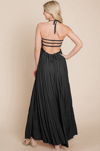 Black Smocked Flowy Boho Pleated Backless Maxi Dress