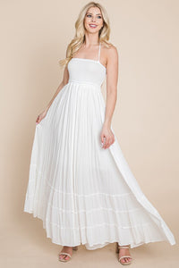 Cream Smocked Flowy Boho Pleated Backless Maxi Dress