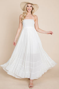 Cream Smocked Flowy Boho Pleated Backless Maxi Dress Aquarius Brand Cream Smocked Flowy Boho Pleated Backless Maxi Dress Aquarius Brand