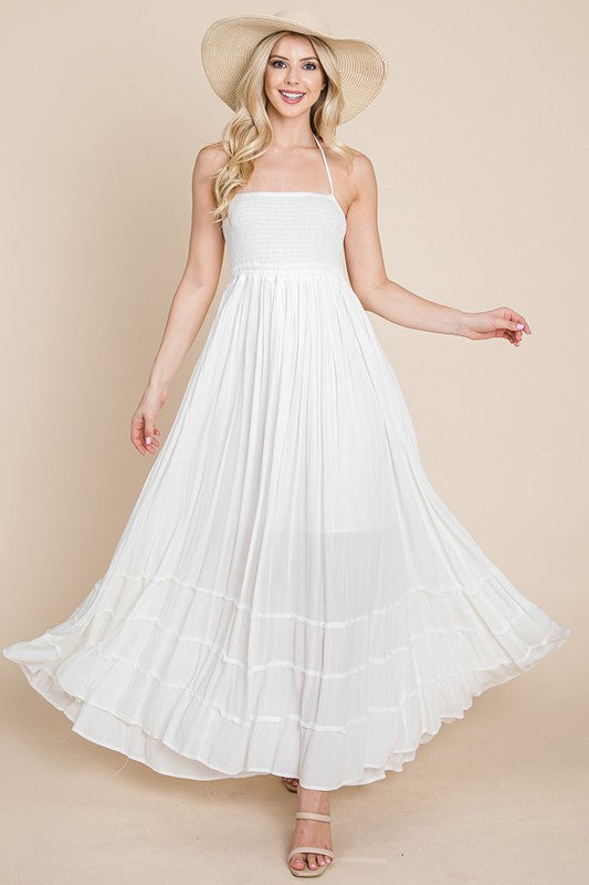 Cream Smocked Flowy Boho Pleated Backless Maxi Dress Aquarius Brand Cream Smocked Flowy Boho Pleated Backless Maxi Dress Aquarius Brand
