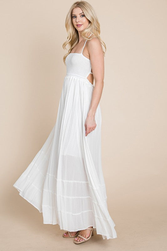 Cream Smocked Flowy Boho Pleated Backless Maxi Dress Aquarius Brand Cream Smocked Flowy Boho Pleated Backless Maxi Dress Aquarius Brand
