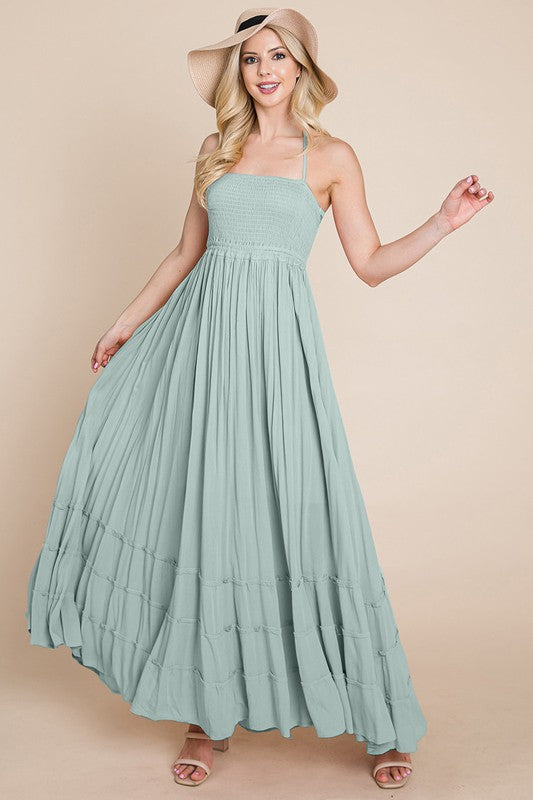 Sage Smocked Flowy Boho Pleated Backless Maxi Dress Aquarius Brand Sage Smocked Flowy Boho Pleated Backless Maxi Dress Aquarius Brand