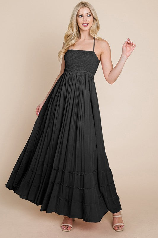Black Smocked Flowy Boho Pleated Backless Maxi Dress Aquarius Brand Black Smocked Flowy Boho Pleated Backless Maxi Dress Aquarius Brand