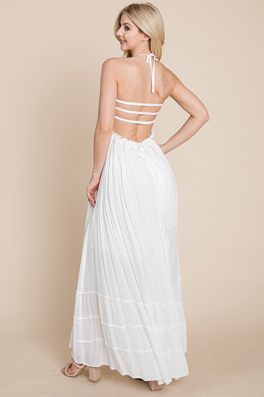 Cream Smocked Flowy Boho Pleated Backless Maxi Dress Aquarius Brand Cream Smocked Flowy Boho Pleated Backless Maxi Dress Aquarius Brand