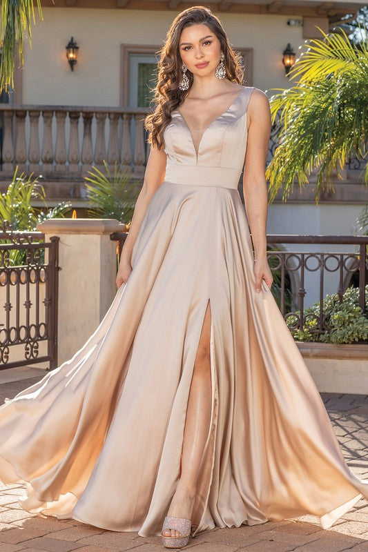 Champagne Solid A Line Dress with Slitted Skirt