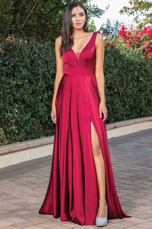 Burgundy Solid A Line Dress with Slitted Skirt
