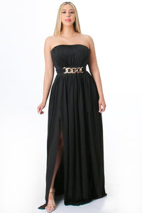 Black Solid Pattern Strapless Tube Maxi Dress With Belted And Slit. Aquarius Brand Black Solid Pattern Strapless Tube Maxi Dress With Belted And Slit. Aquarius Brand