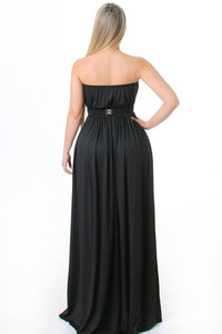 Black Solid Pattern Strapless Tube Maxi Dress With Belted And Slit.