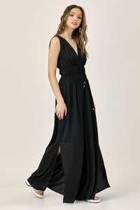 Black Double Waist Strap Pleated Jumpsuit