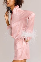 Pink Silk Feather Long Sleeve Shorts Suit Pajamas
