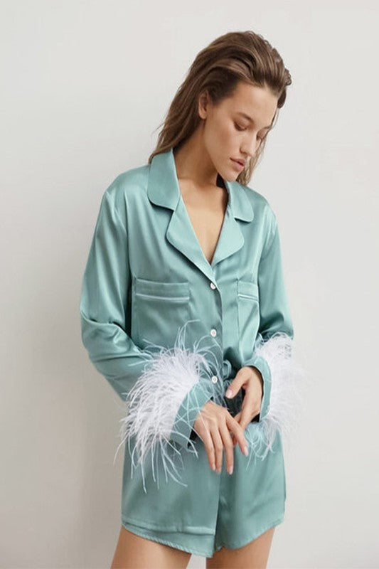 Green Silk Feather Long Sleeve Shorts Suit Pajamas