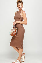 Brown Ribbed Crew Neck Sleeveless Bodycon Midi Dresses