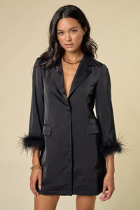 Black Sleeve Feather Fur Detail Button Up Blazer Dress