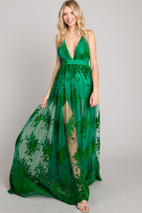 Kelly Green Velvet Print Maxi Dress