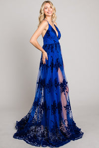 Royal Blue Velvet Print Maxi Dress