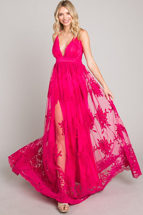 Magenta Velvet Print Maxi Dress