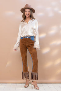 Camel Fringe Studded Hem Western Jeans
