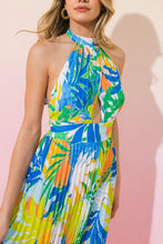 Blue Green Printed Woven Pleated Maxi Dress
