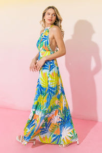 Blue Green Printed Woven Pleated Maxi Dress