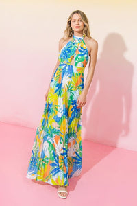 Blue Green Printed Woven Pleated Maxi Dress
