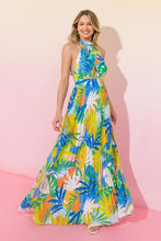 Blue Green Printed Woven Pleated Maxi Dress