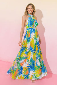 Blue Green Printed Woven Pleated Maxi Dress