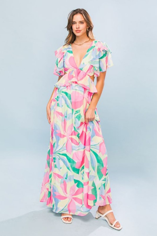 Pink Blue Printed Woven Maxi Dress
