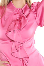 Pink Wide Collar Ruffle Shirt With Puff Shoulder