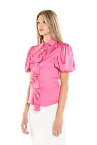 Pink Wide Collar Ruffle Shirt With Puff Shoulder