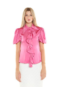 Pink Wide Collar Ruffle Shirt With Puff Shoulder