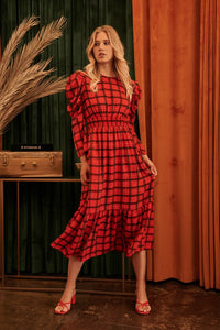 Black-Red Hampshire Plaid Drape Sleeve Cutout Midi Dress